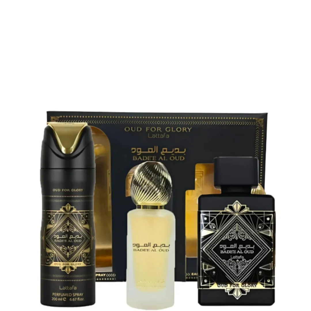 Lattafa-Bade-e-Al-Oud-Oud-for-Glory-EDP-Gift-Set-Unisex-3-Piece-Set.webp Lattafa Bade’e Al Oud Oud for Glory EDP Gift Set, Unisex (3-Piece Set) - Image 1